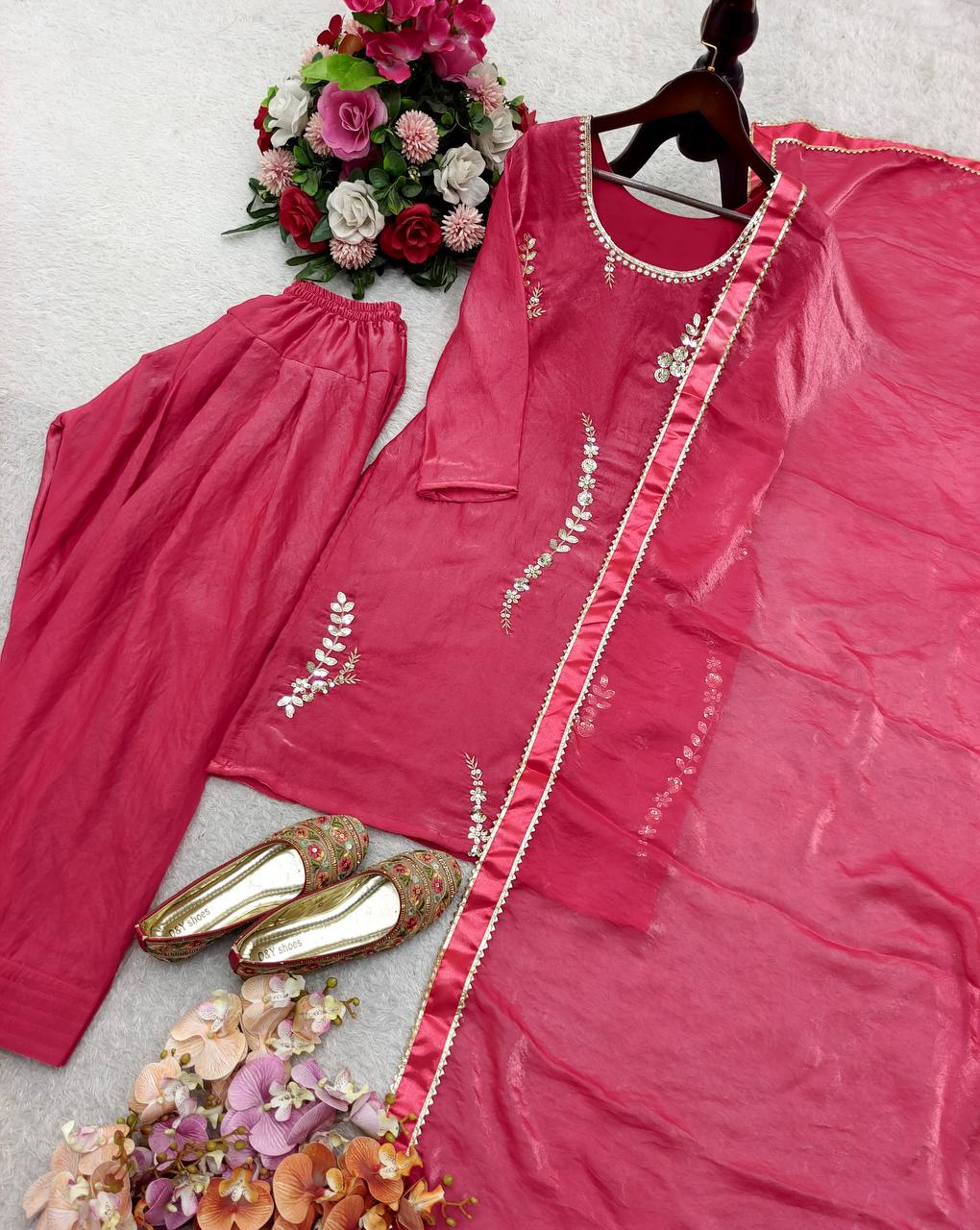 Designer Pink Fendy Silk Sequence Work Farshi Suit