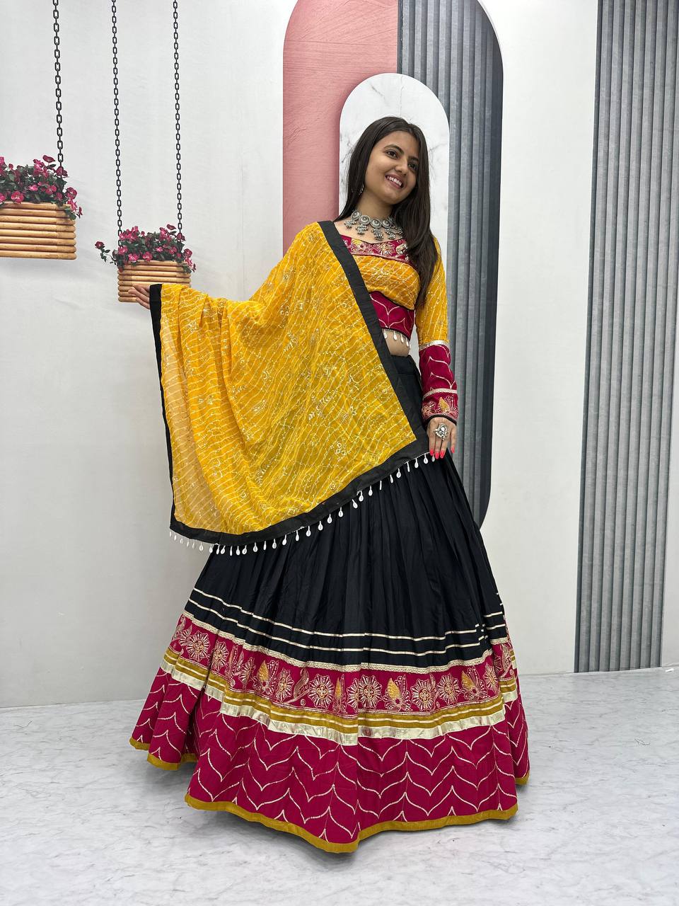 Navratri Collection Trendy Yellow Cotton Embroidery Work Lehenga Choli