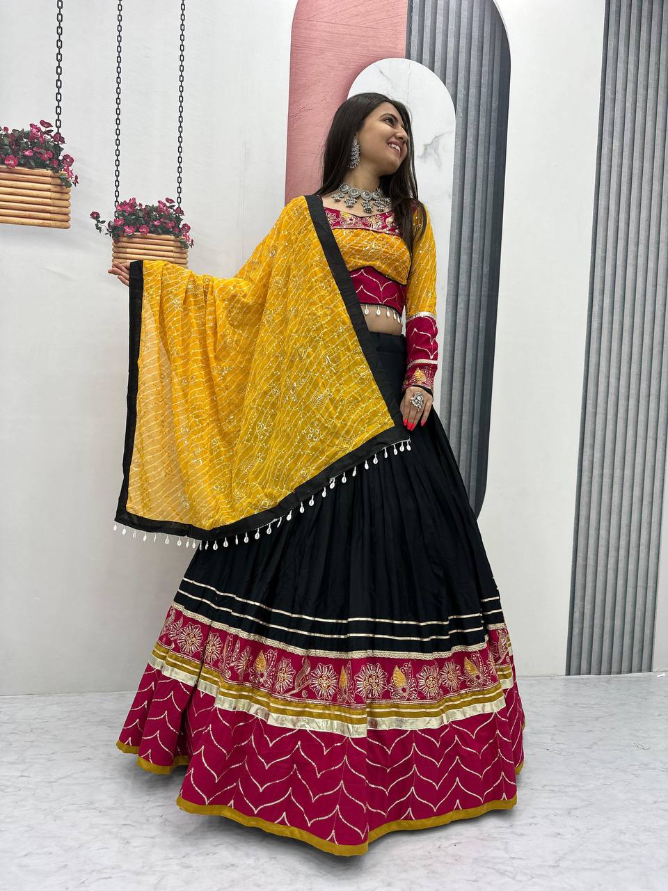 Navratri Collection Trendy Yellow Cotton Embroidery Work Lehenga Choli