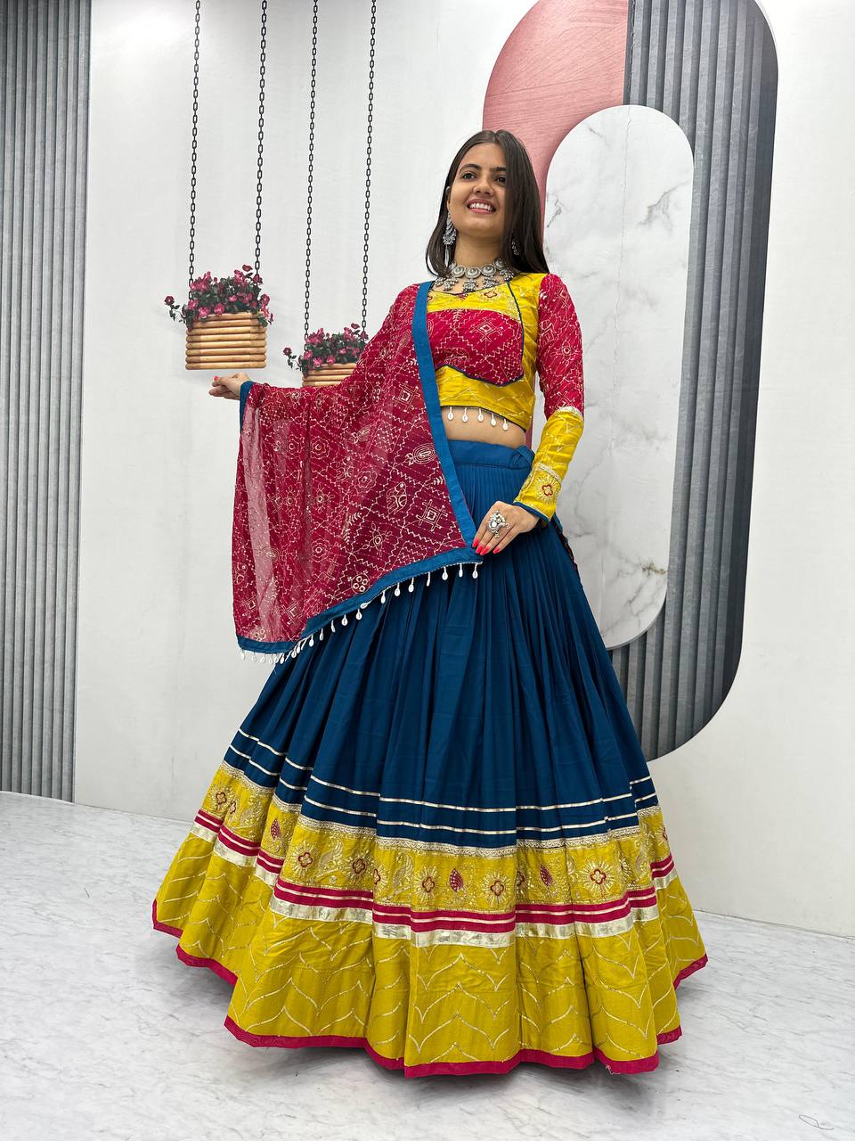Navratri Collection Trendy Yellow Cotton Embroidery Work Lehenga Choli