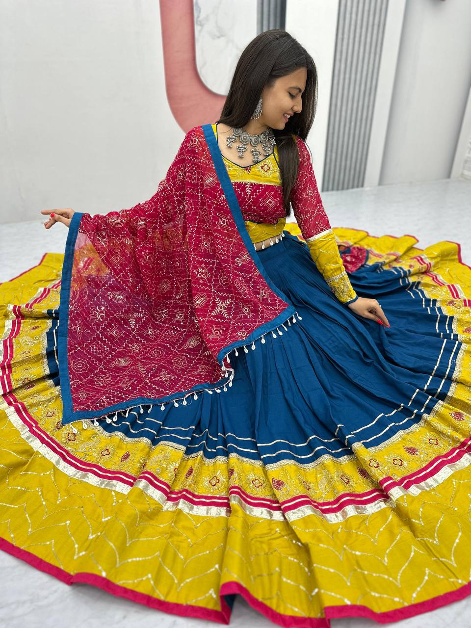 Navratri Collection Trendy Yellow Cotton Embroidery Work Lehenga Choli