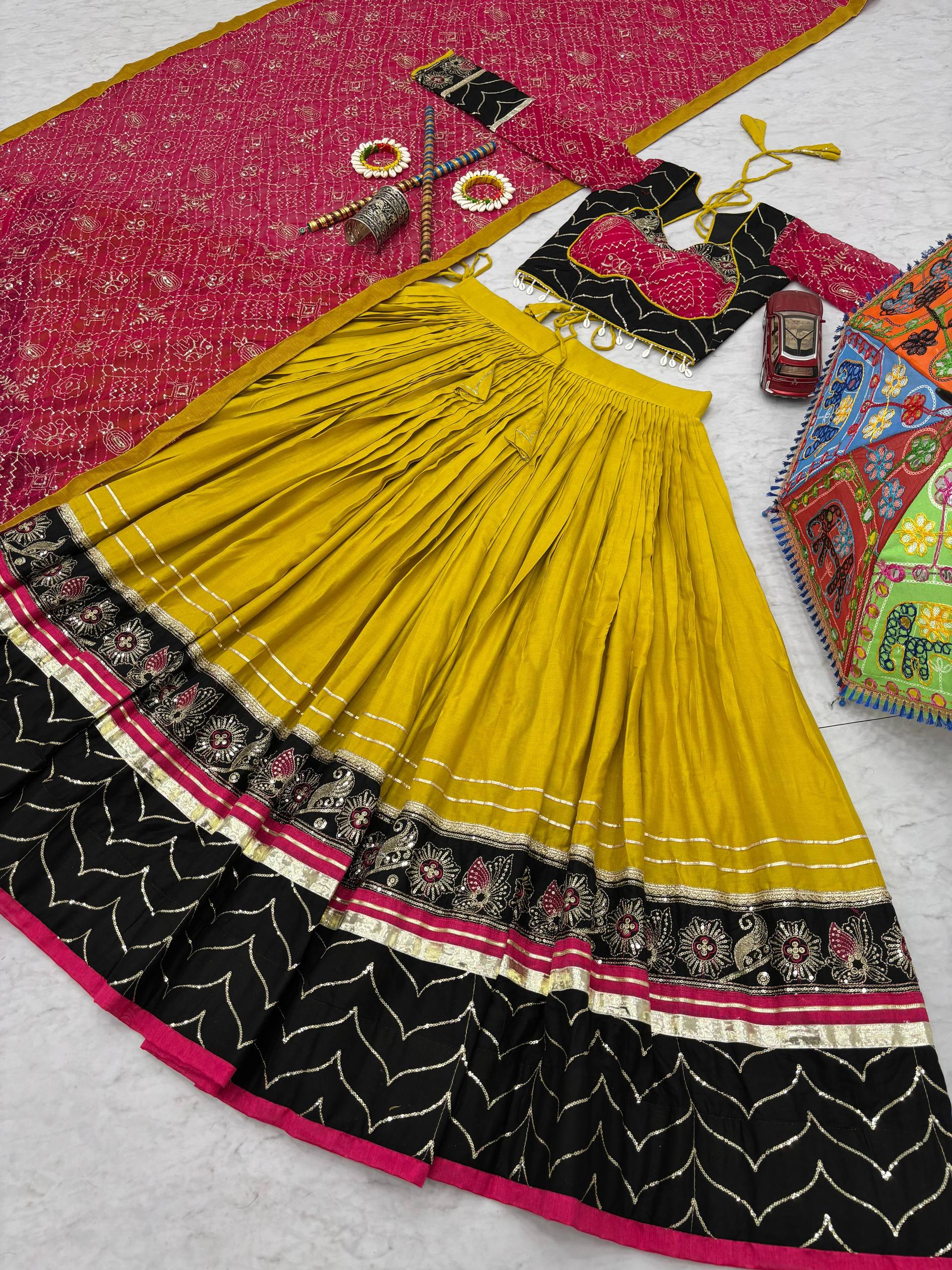 Navratri Collection Trendy Yellow Cotton Embroidery Work Lehenga Choli