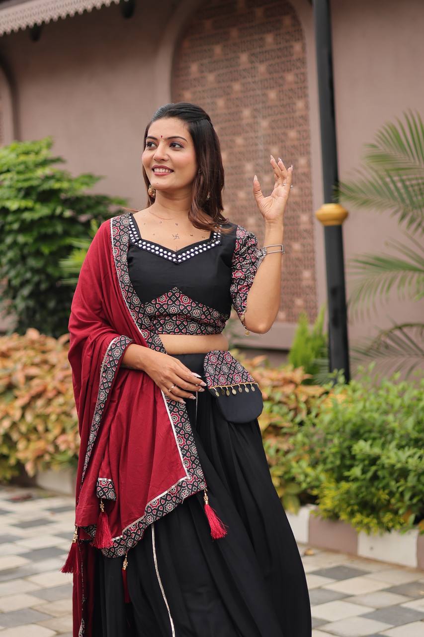 Navratri Wear Glorious Black Cotton Mirror Work Lehenga Choli