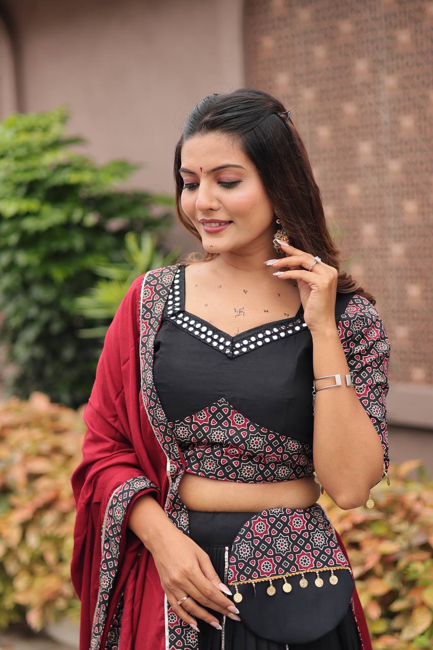 Navratri Wear Glorious Black Cotton Mirror Work Lehenga Choli