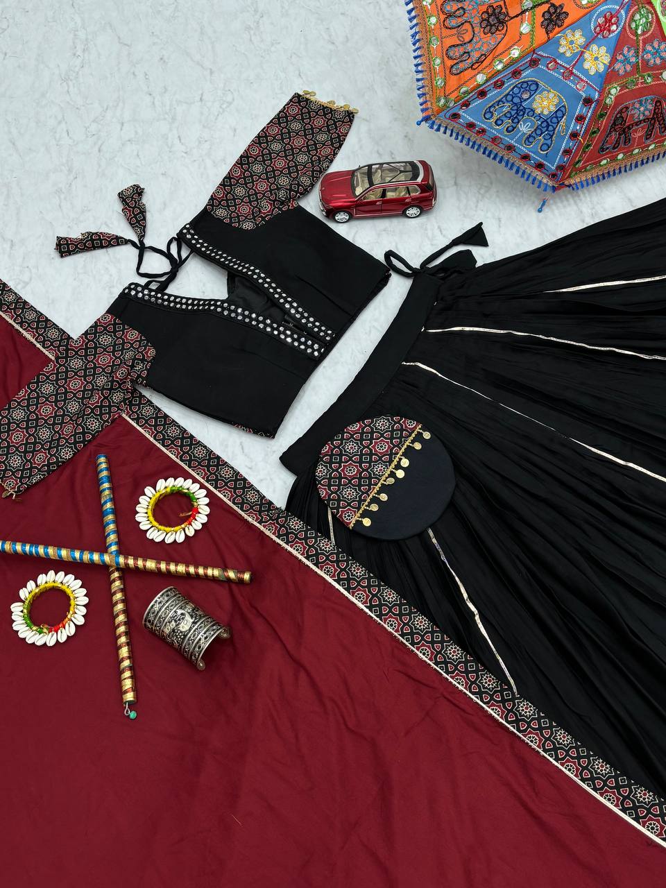 Navratri Wear Glorious Black Cotton Mirror Work Lehenga Choli