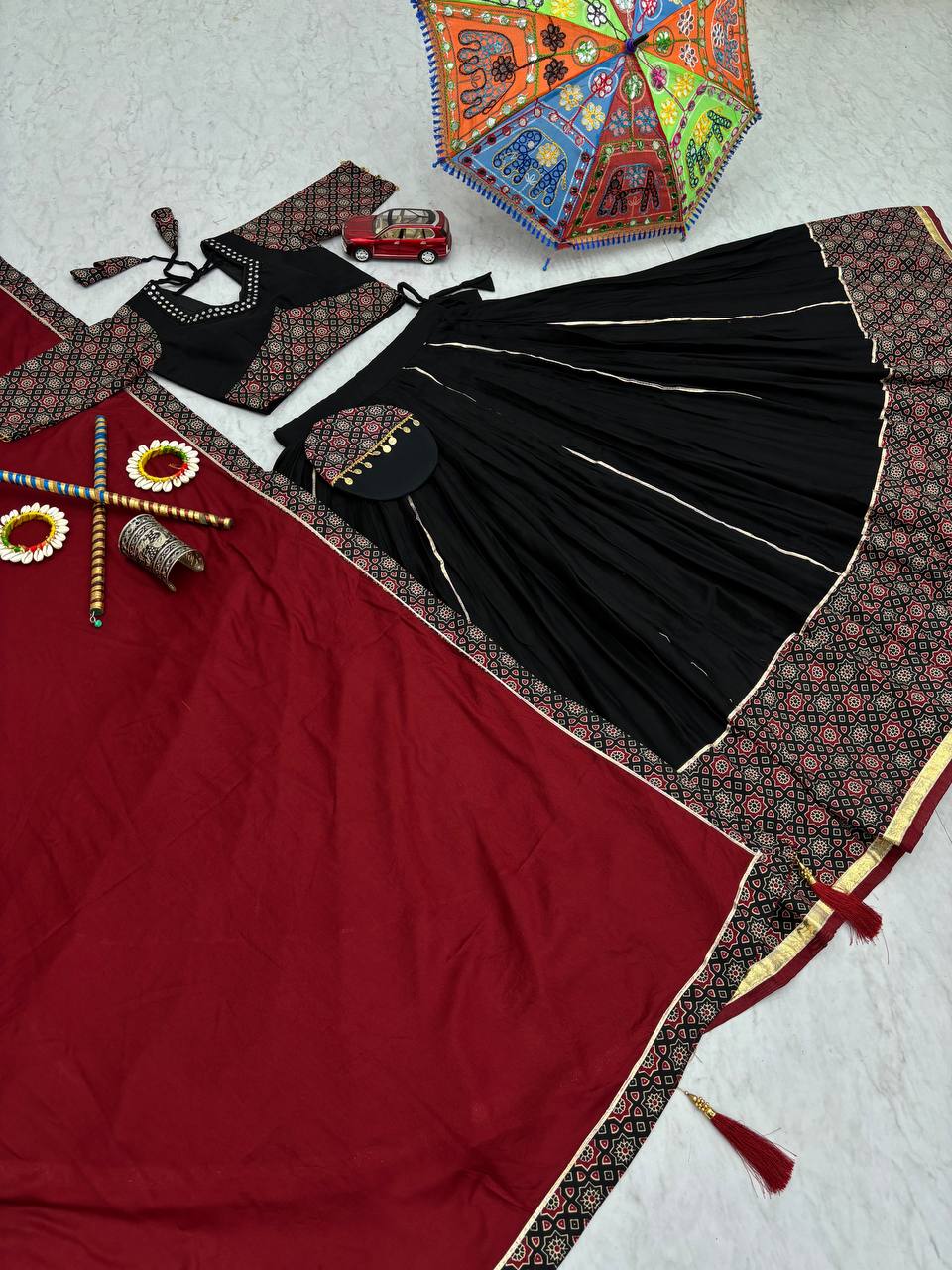 Navratri Wear Glorious Black Cotton Mirror Work Lehenga Choli