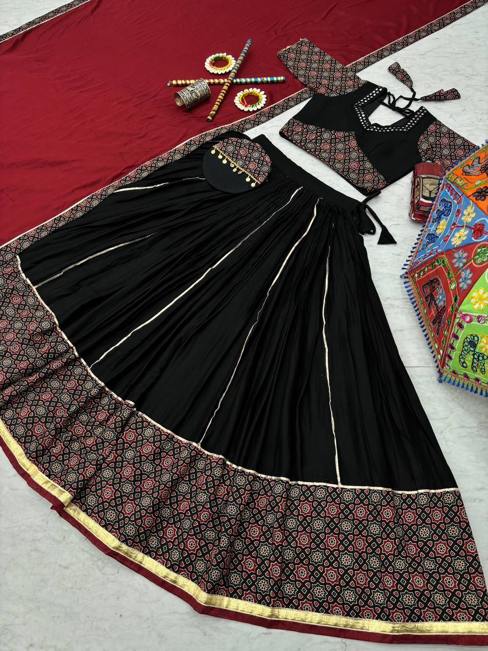 Navratri Wear Glorious Black Cotton Mirror Work Lehenga Choli