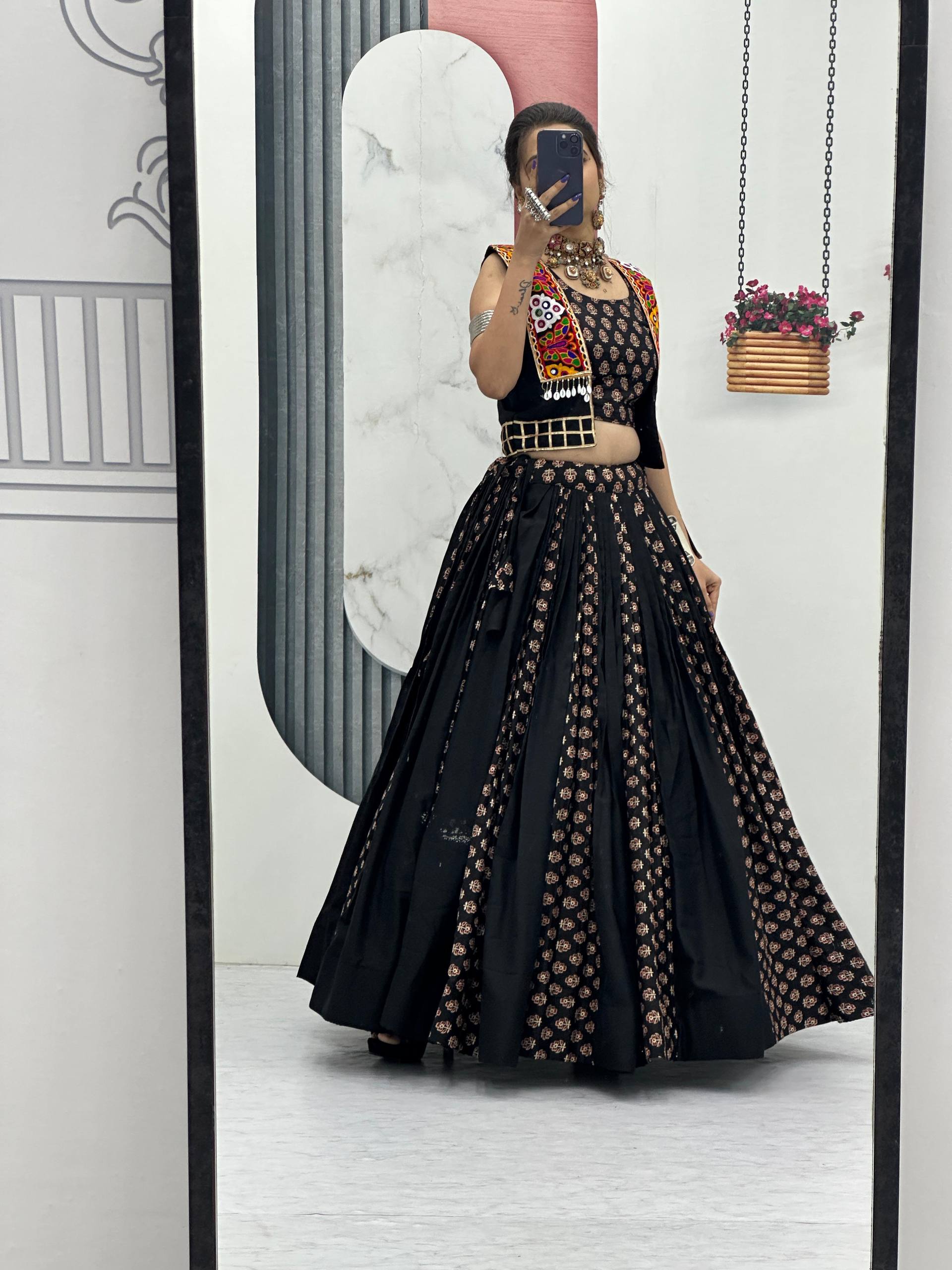 Alluring Brown Cotton Ajrakh Print Lehenga Choli For Navratri