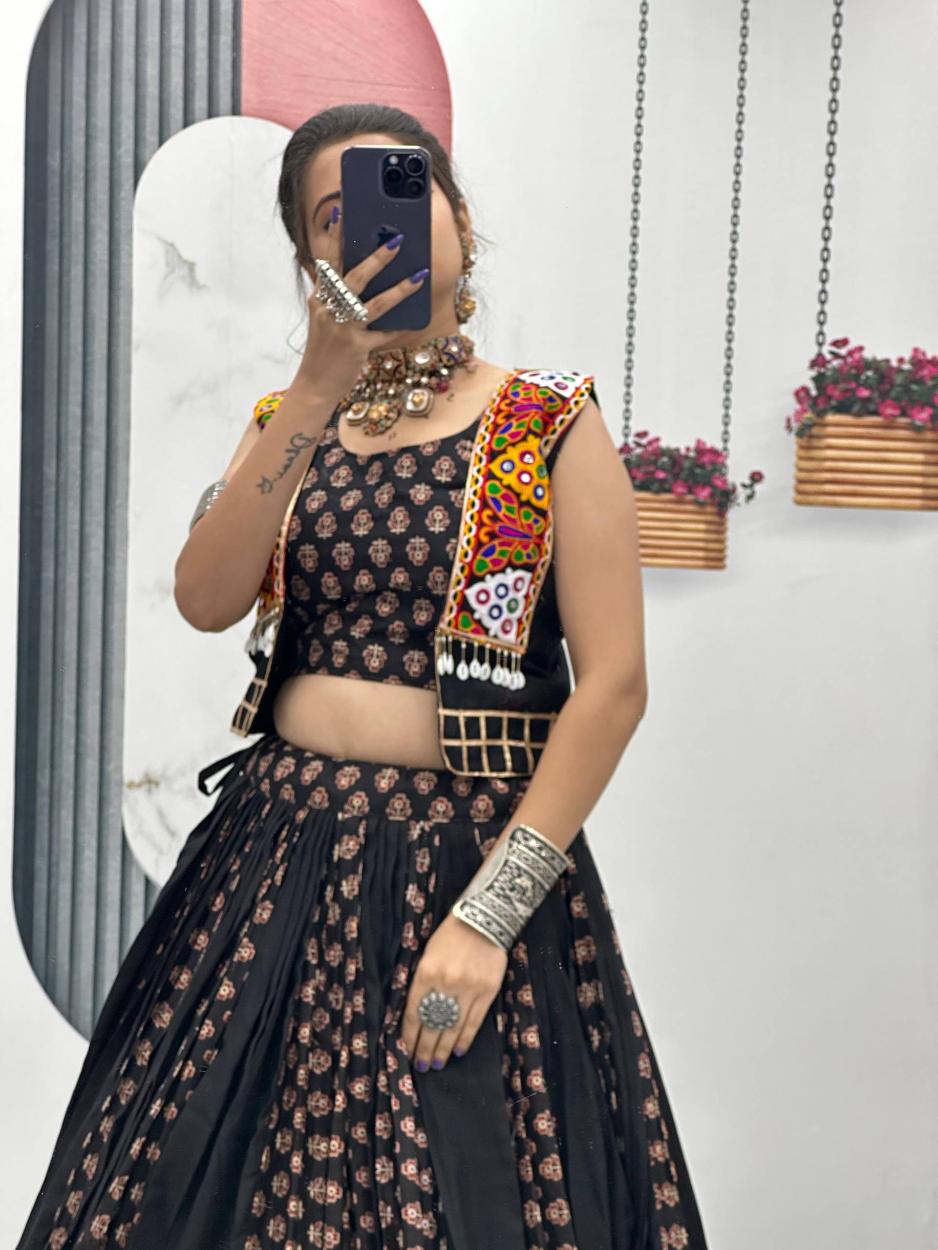 Alluring Brown Cotton Ajrakh Print Lehenga Choli For Navratri