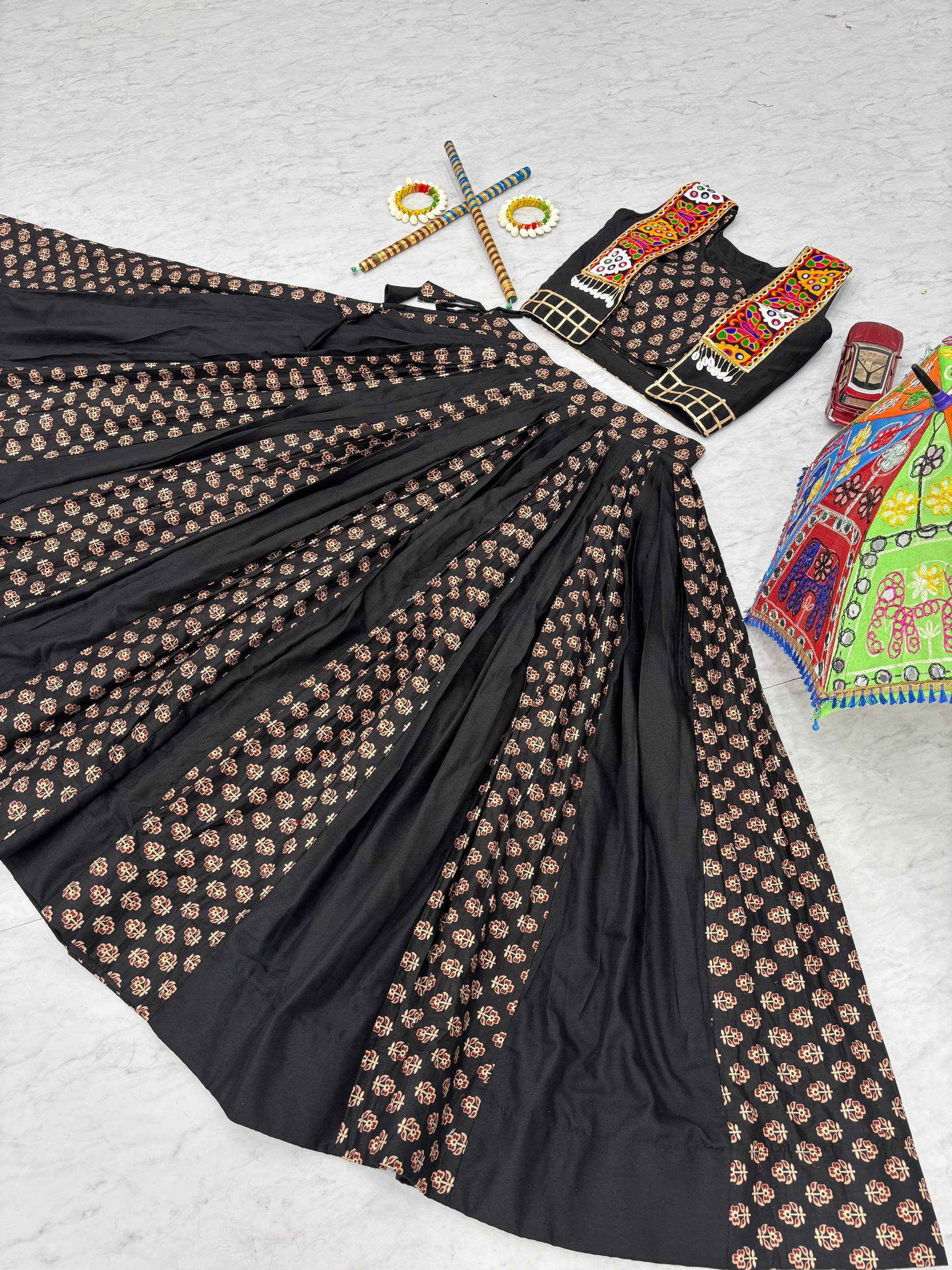 Alluring Brown Cotton Ajrakh Print Lehenga Choli For Navratri