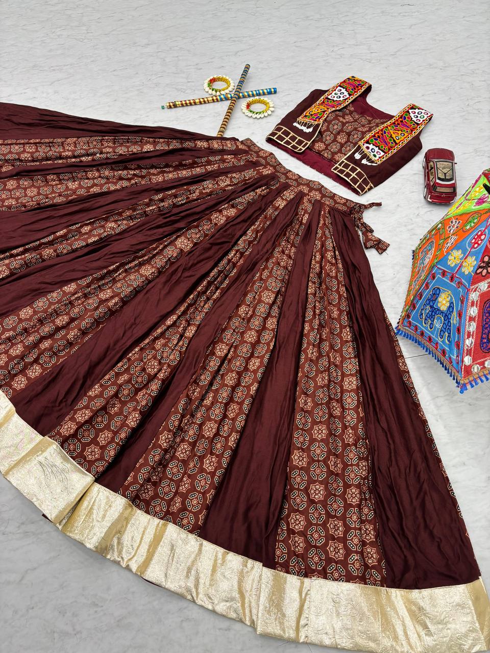 Alluring Brown Cotton Ajrakh Print Lehenga Choli For Navratri