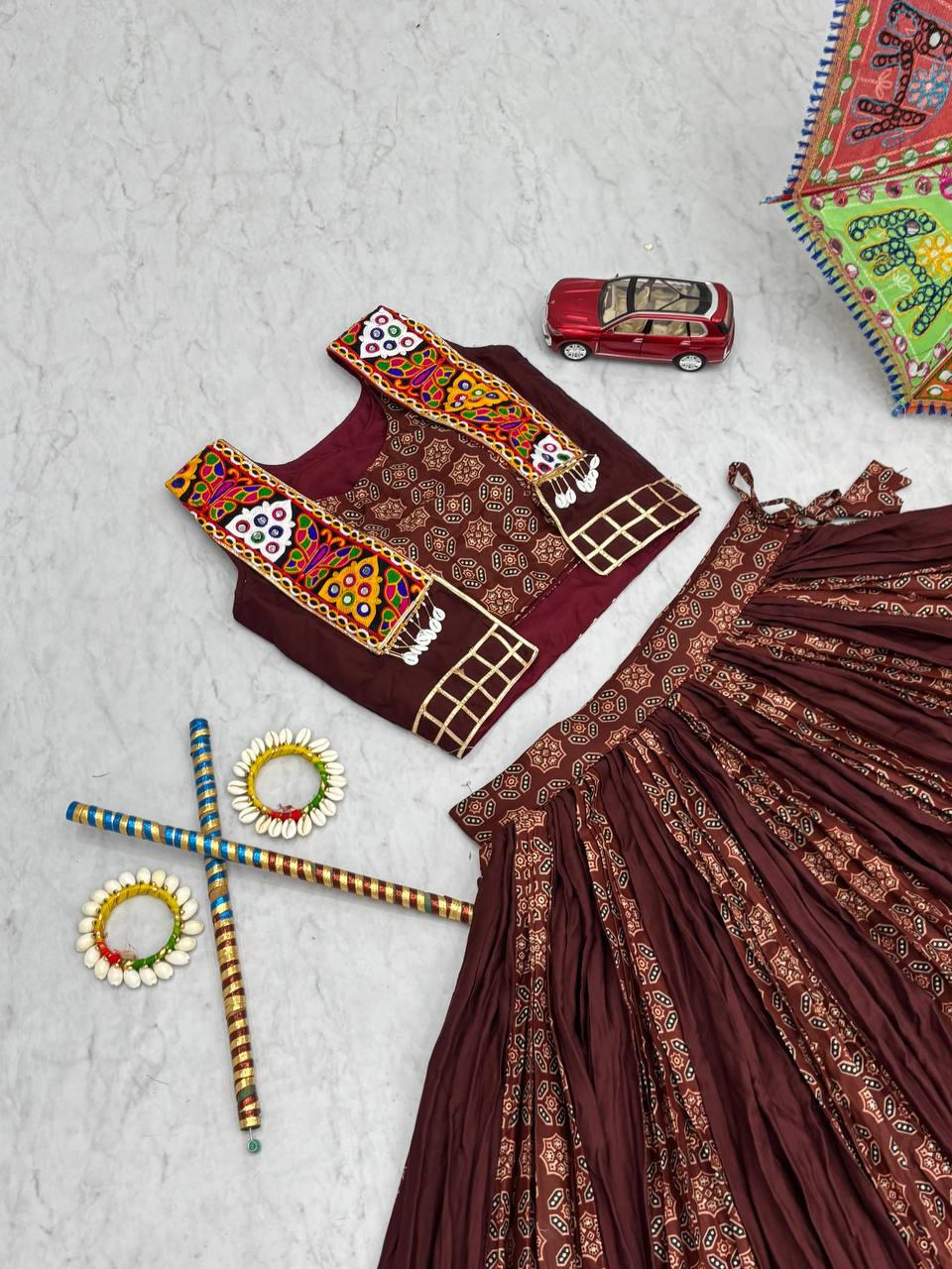 Alluring Brown Cotton Ajrakh Print Lehenga Choli For Navratri