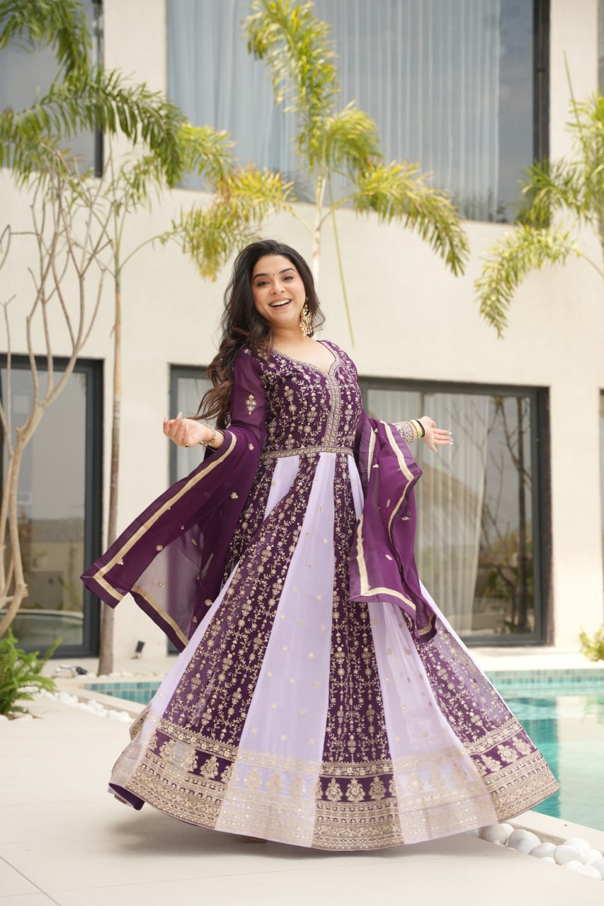 Attractive Purple Blooming Zari Work Gown