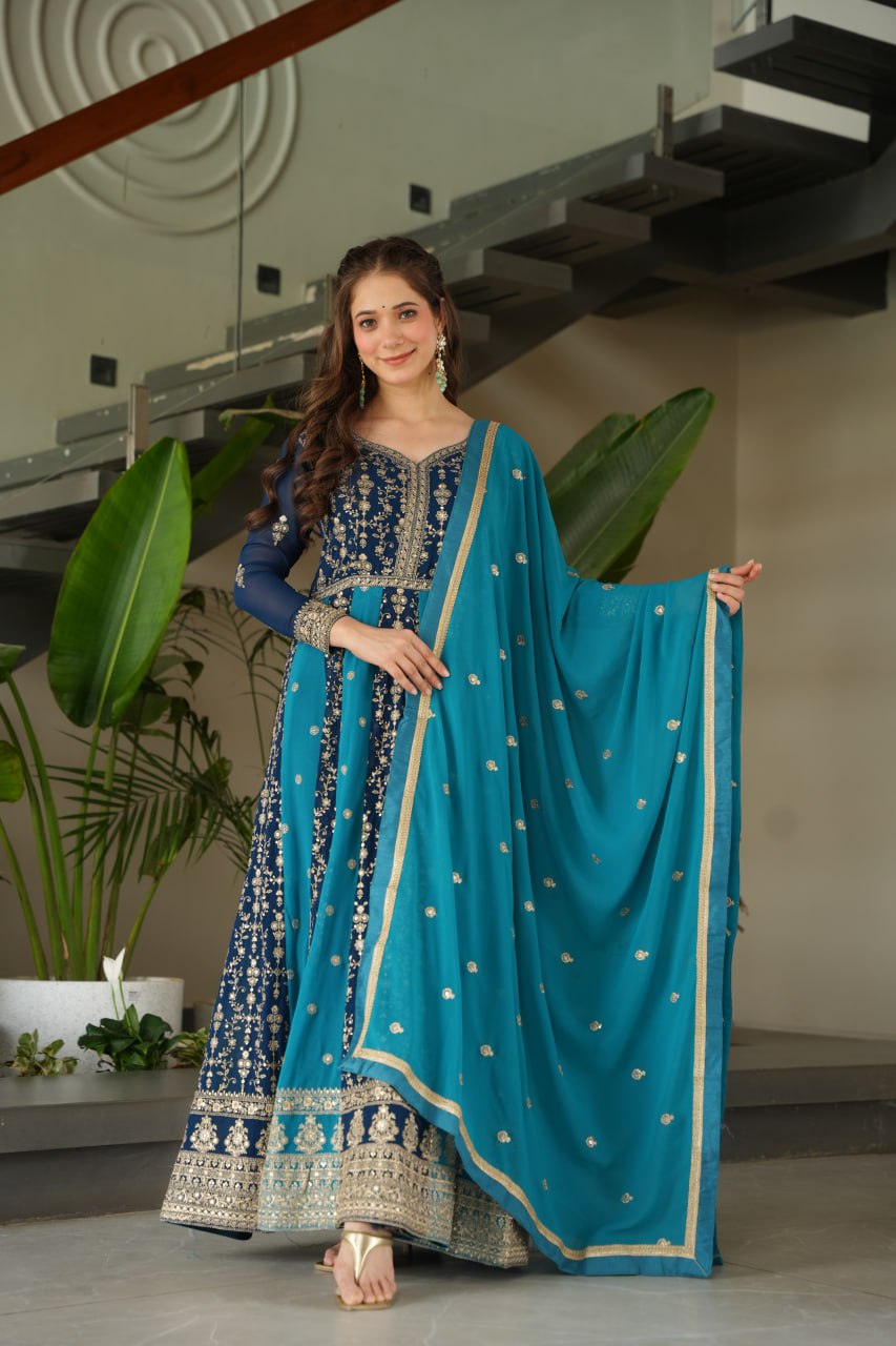 Attractive Purple Blooming Zari Work Gown