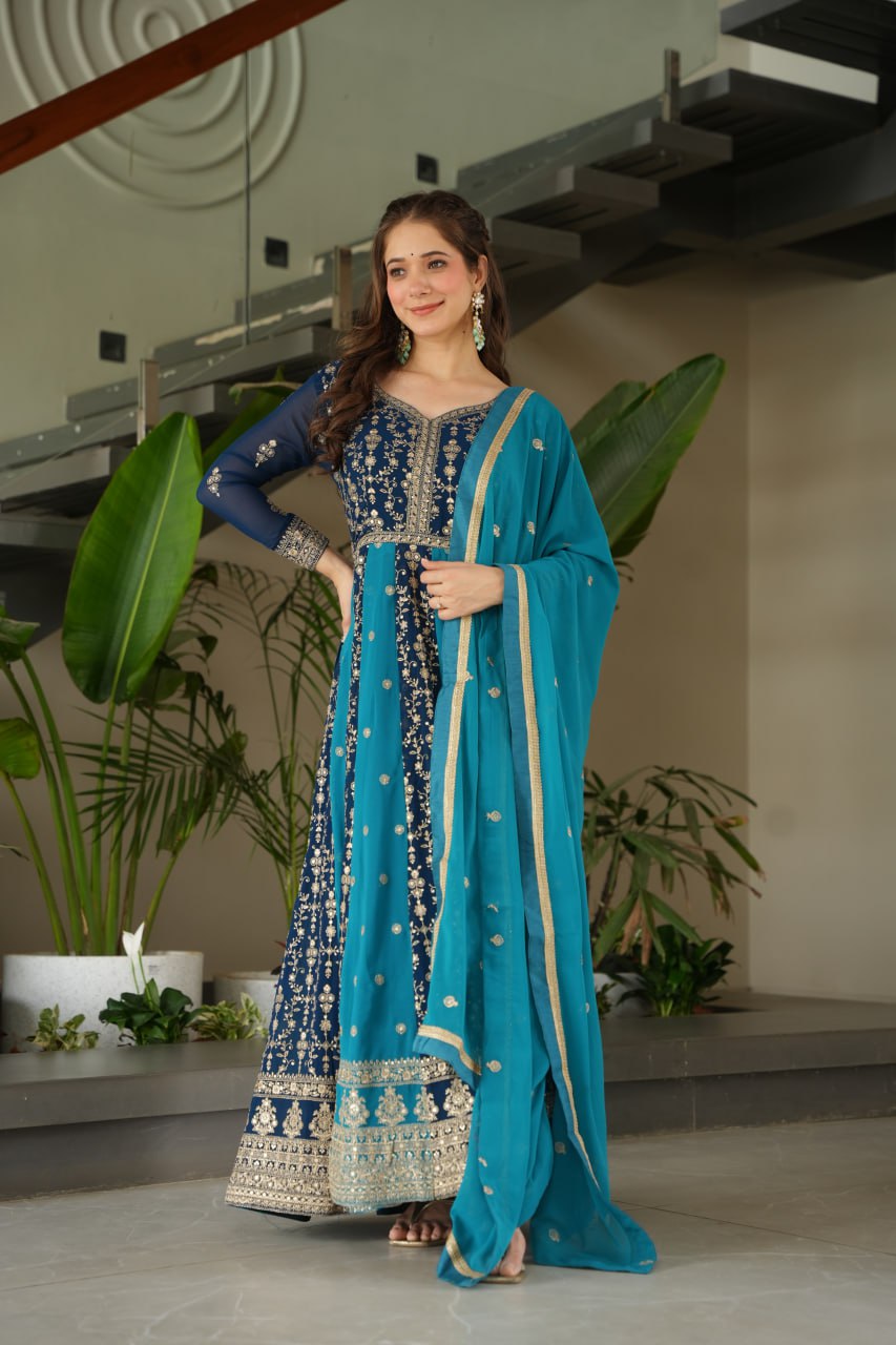 Attractive Purple Blooming Zari Work Gown