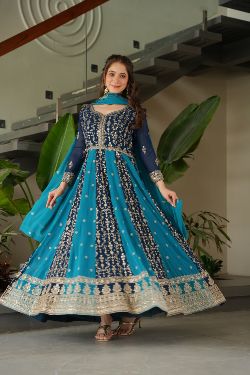 Attractive Purple Blooming Zari Work Gown