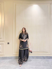 Pretty Black Cotton Embroidery Work Kurti