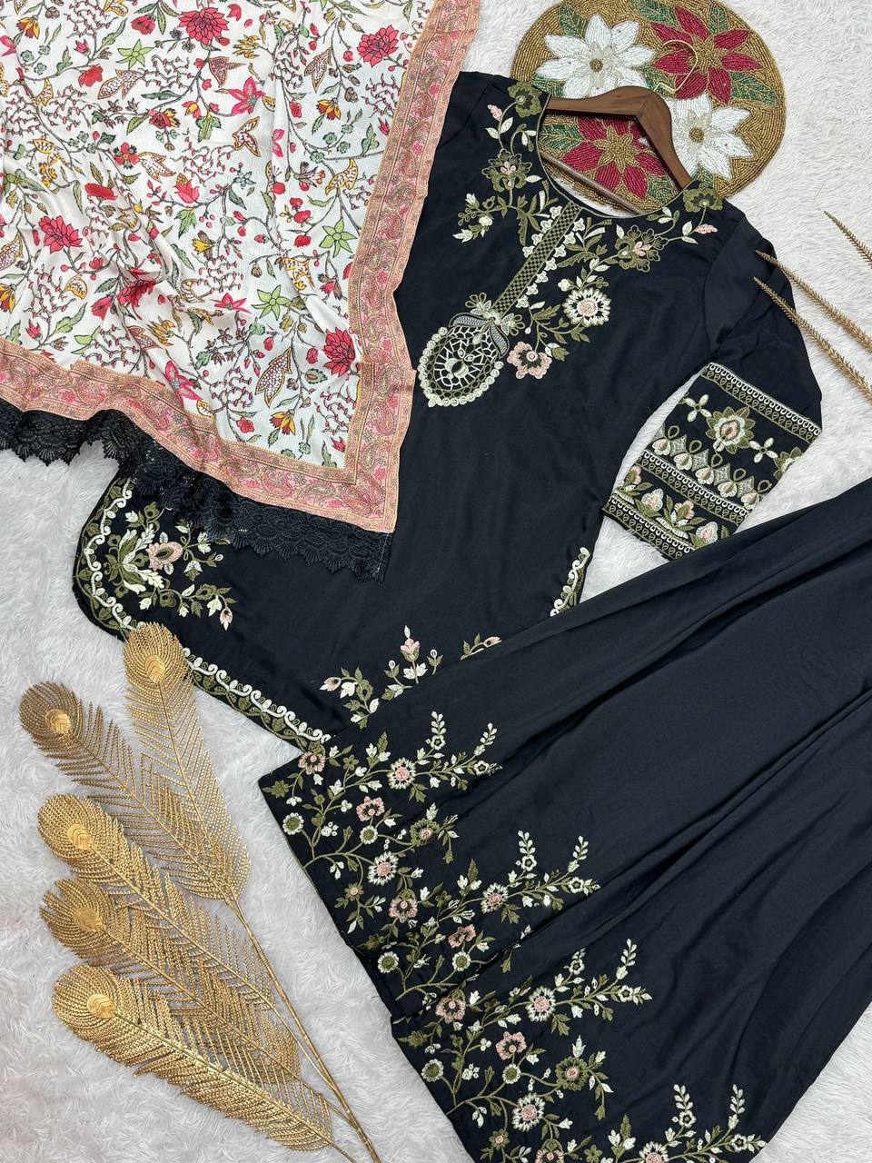 Pretty Black Cotton Embroidery Work Kurti