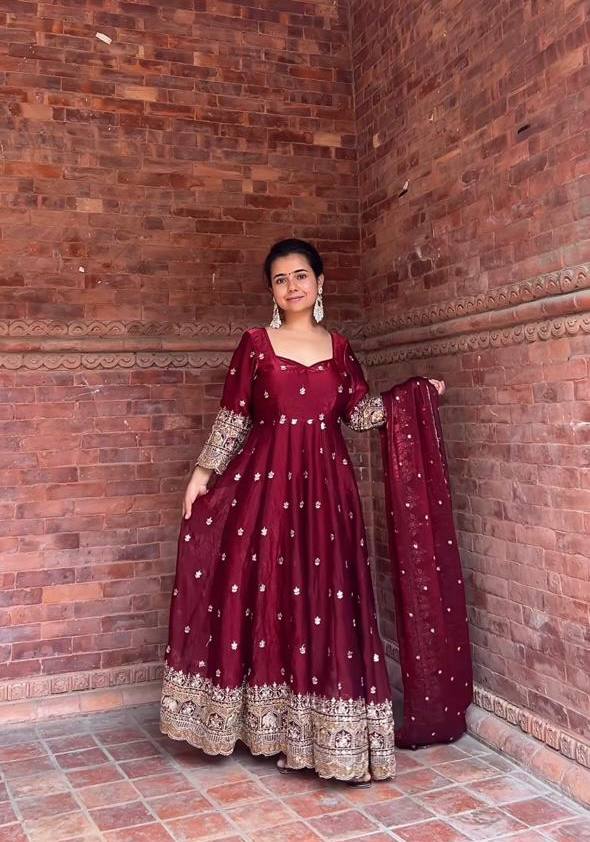 Glorious Maroon Fendy Silk Embroidery Anarkali Suit