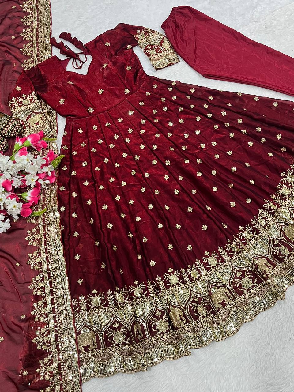 Glorious Maroon Fendy Silk Embroidery Anarkali Suit