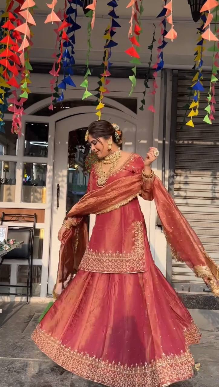 Trendy Red Organza Sequence Work Top With Lehenga
