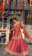 Trendy Red Organza Sequence Work Top With Lehenga