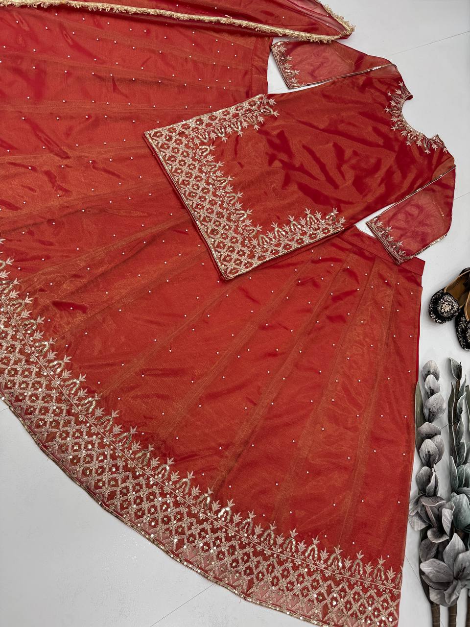 Trendy Red Organza Sequence Work Top With Lehenga