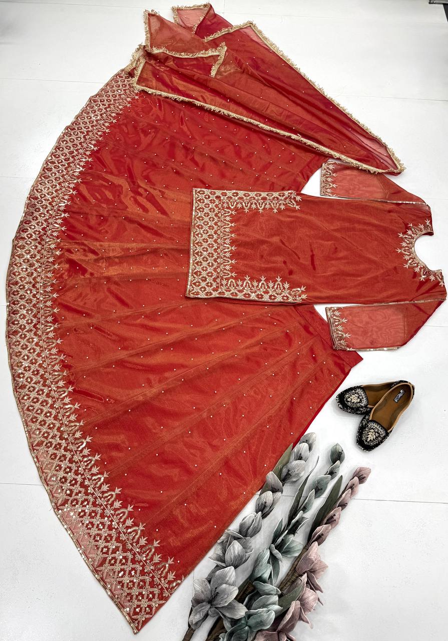 Trendy Red Organza Sequence Work Top With Lehenga