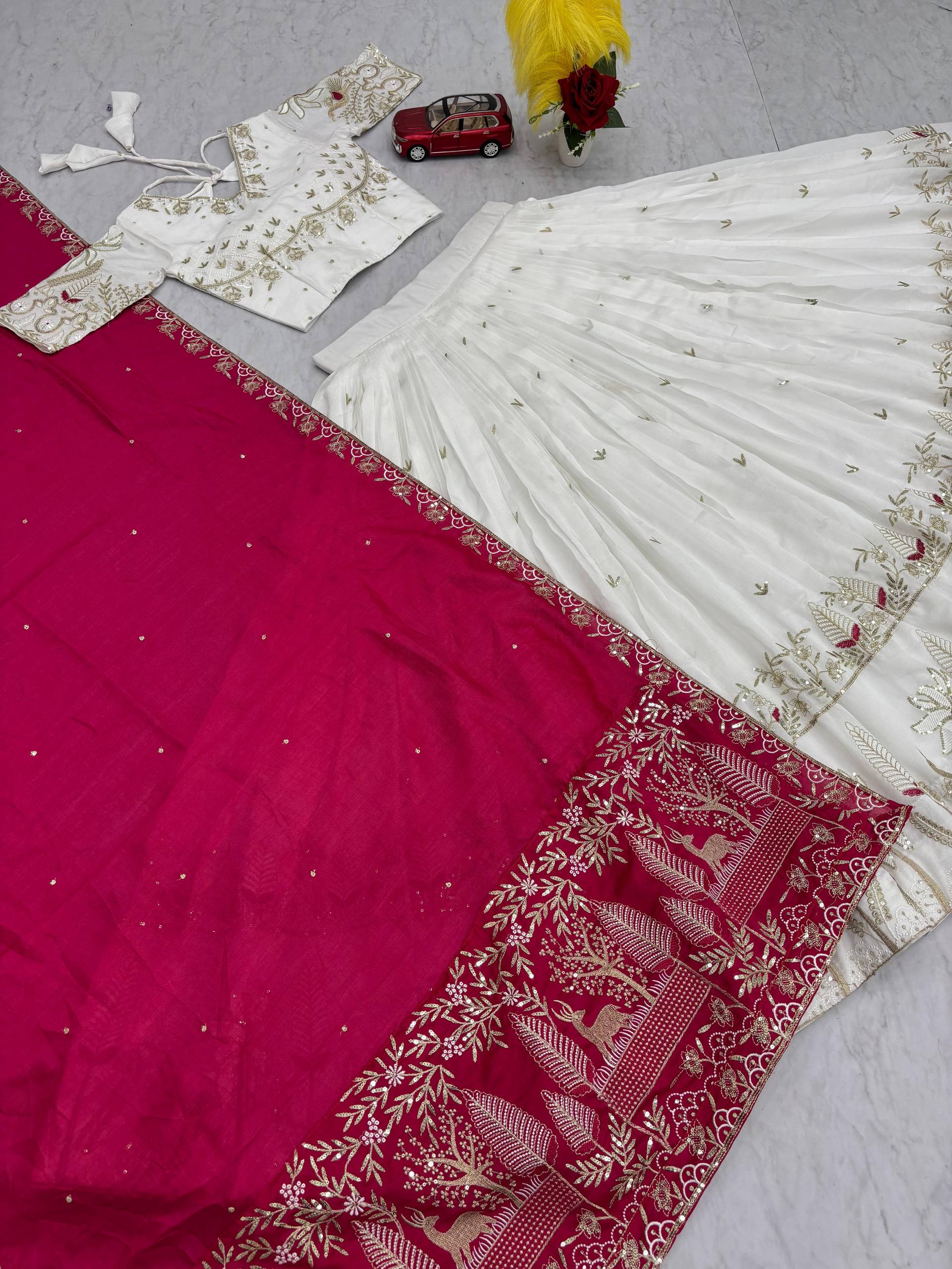 Ravishing White Vichitra Silk Embroidery Lehenga Choli