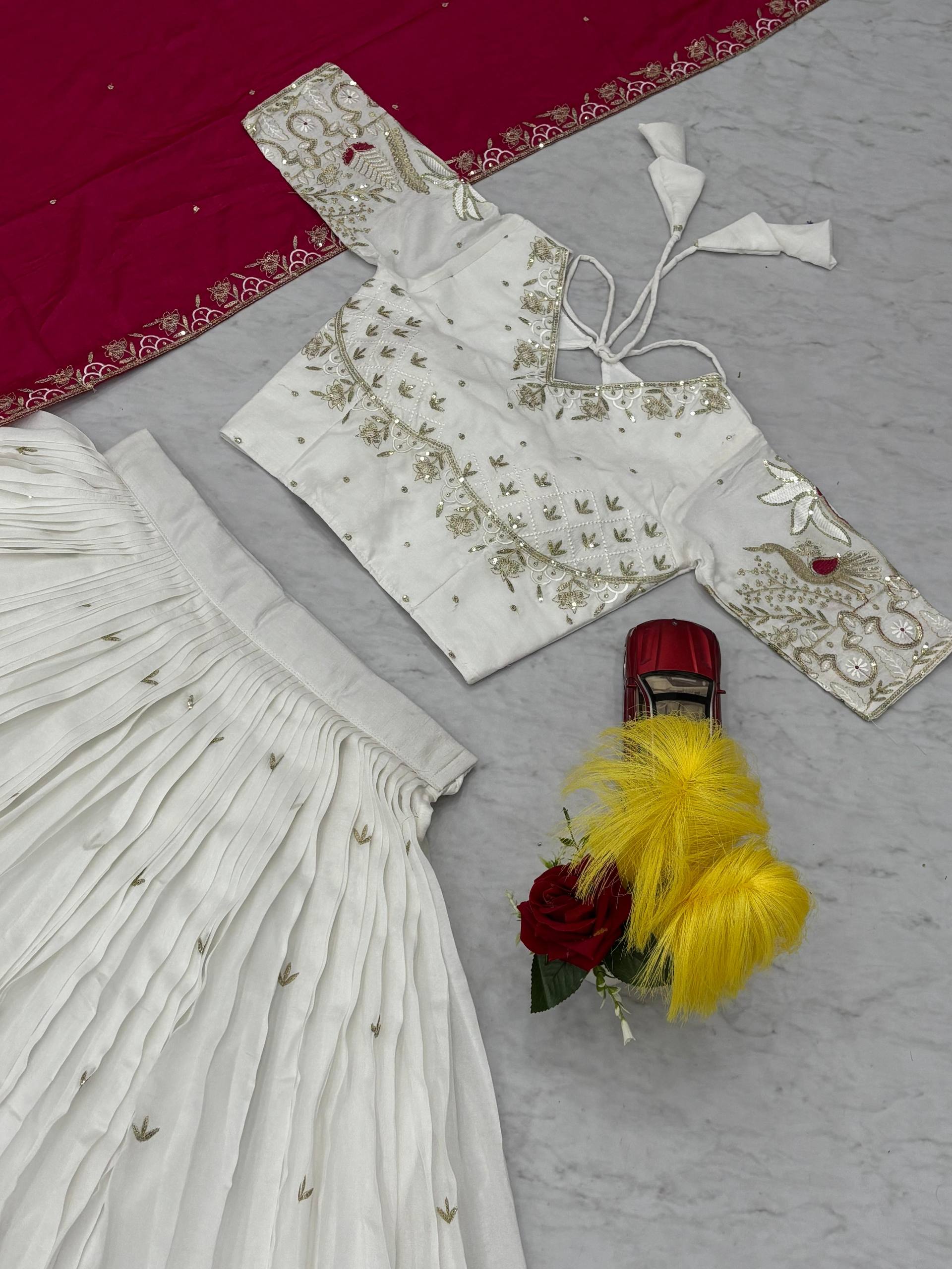 Ravishing White Vichitra Silk Embroidery Lehenga Choli