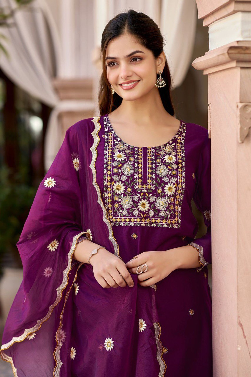 Lovely Teal Blue Reyon Embroidery Suit