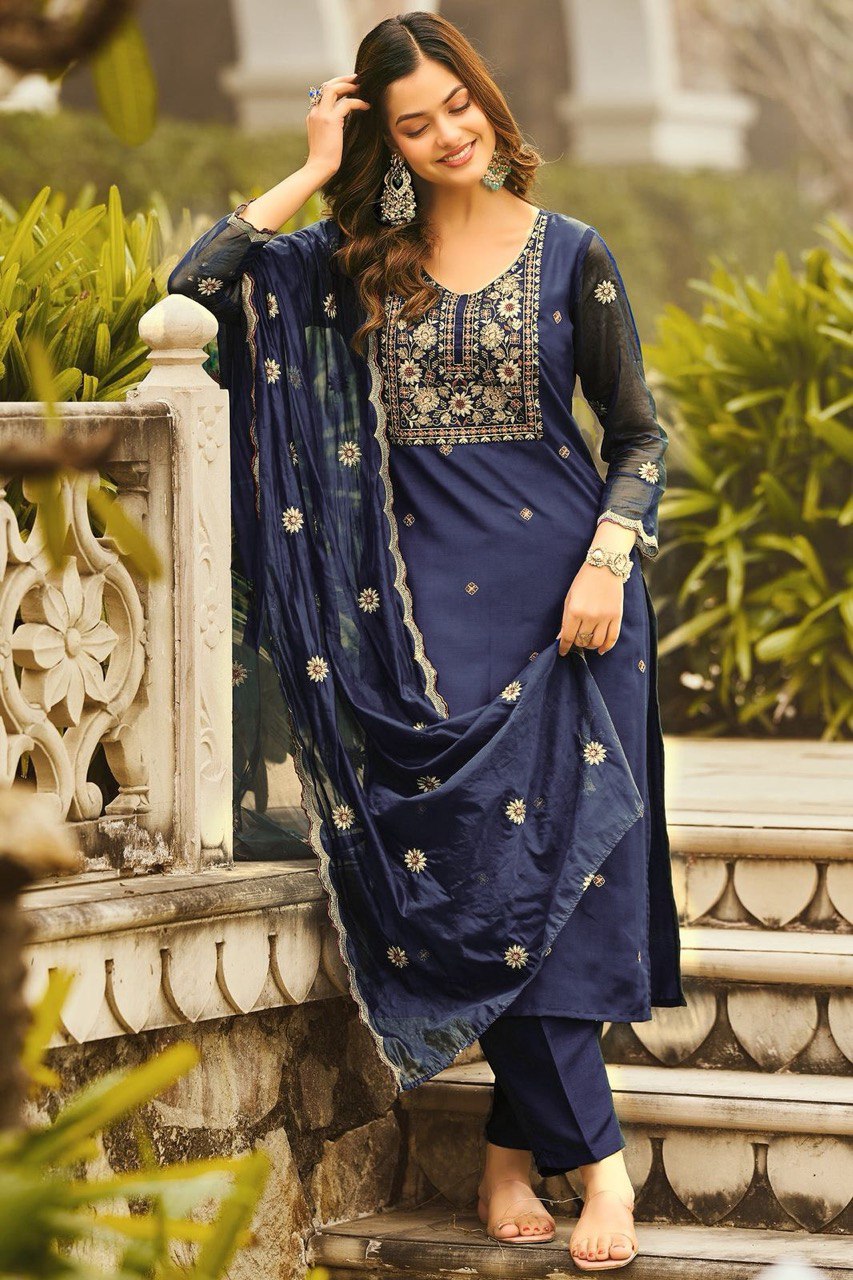 Lovely Teal Blue Reyon Embroidery Suit