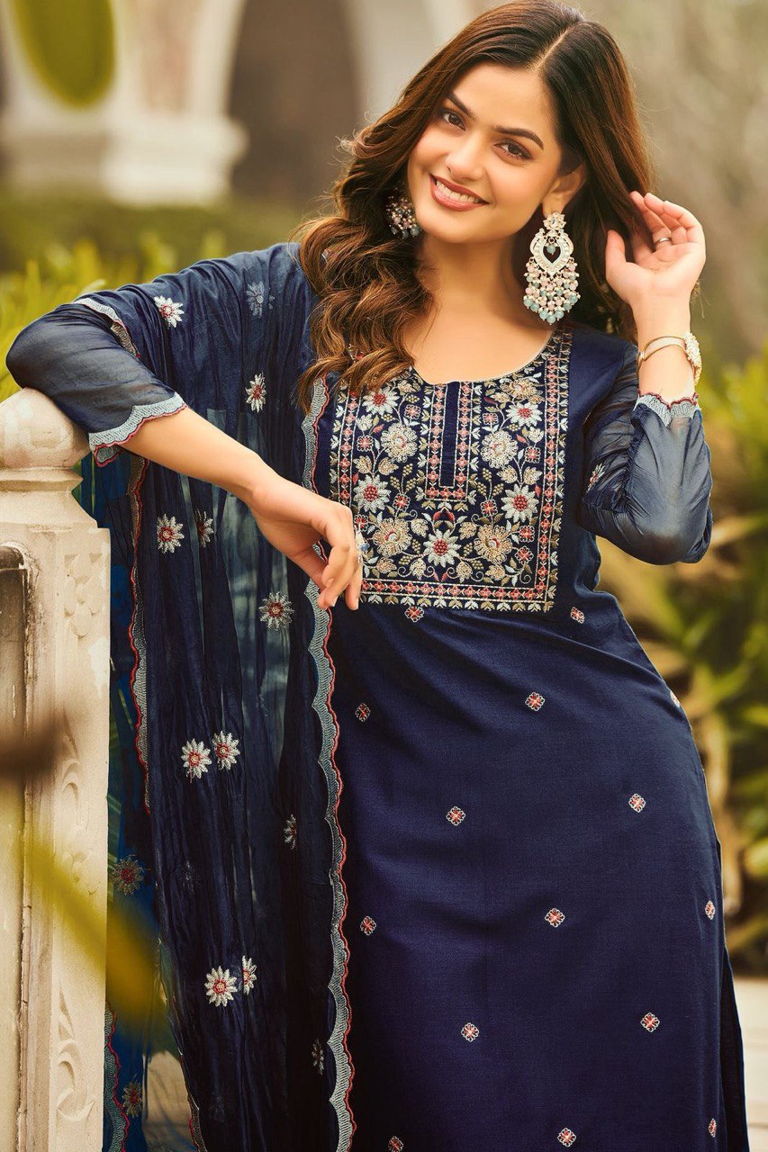 Lovely Teal Blue Reyon Embroidery Suit