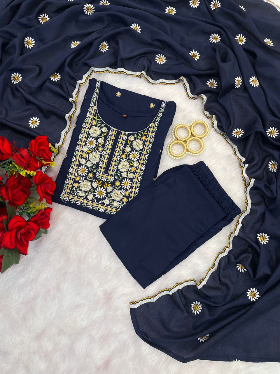 Lovely Teal Blue Reyon Embroidery Suit