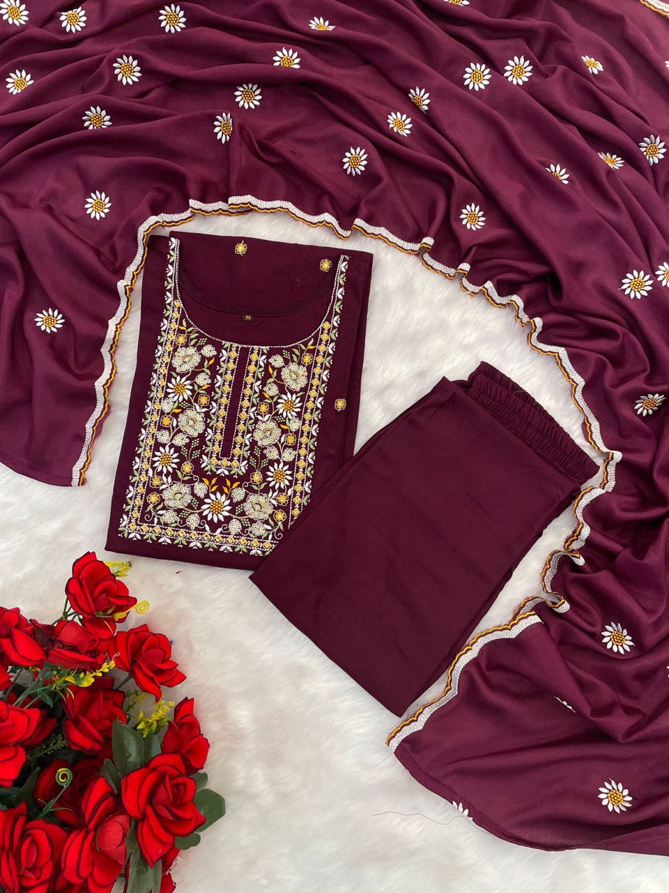 Lovely Teal Blue Reyon Embroidery Suit