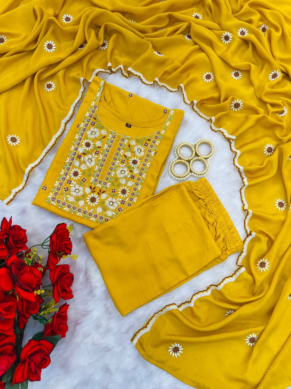 Lovely Teal Blue Reyon Embroidery Suit