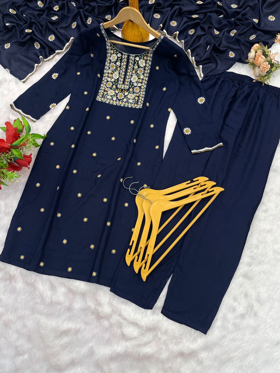 Lovely Teal Blue Reyon Embroidery Suit