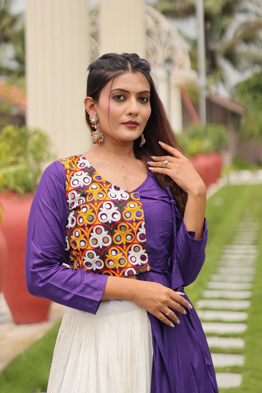 Dandiya Special Ravishing Purple Cotton Gamthi Work Lehenga Choli
