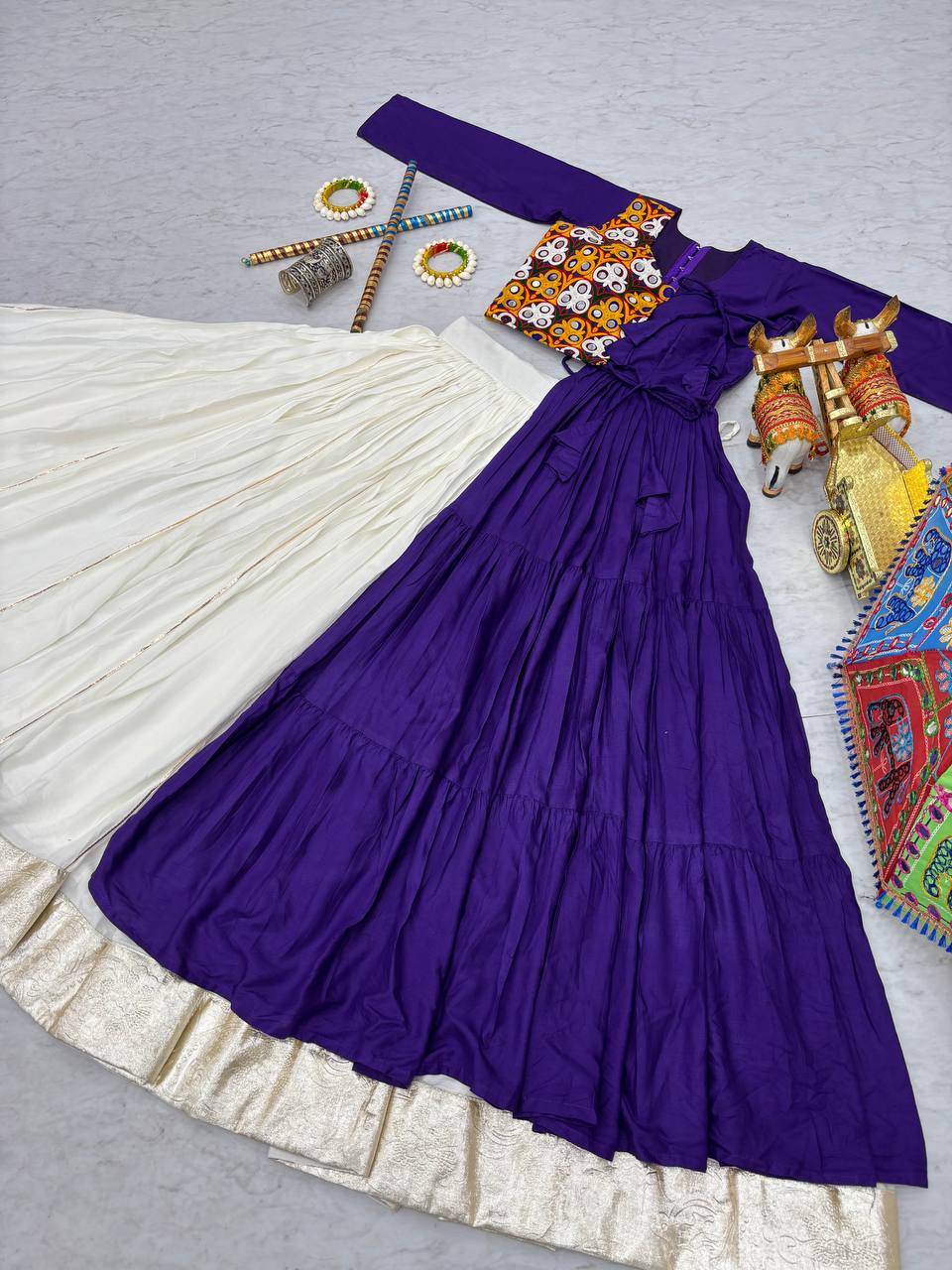 Dandiya Special Ravishing Purple Cotton Gamthi Work Lehenga Choli