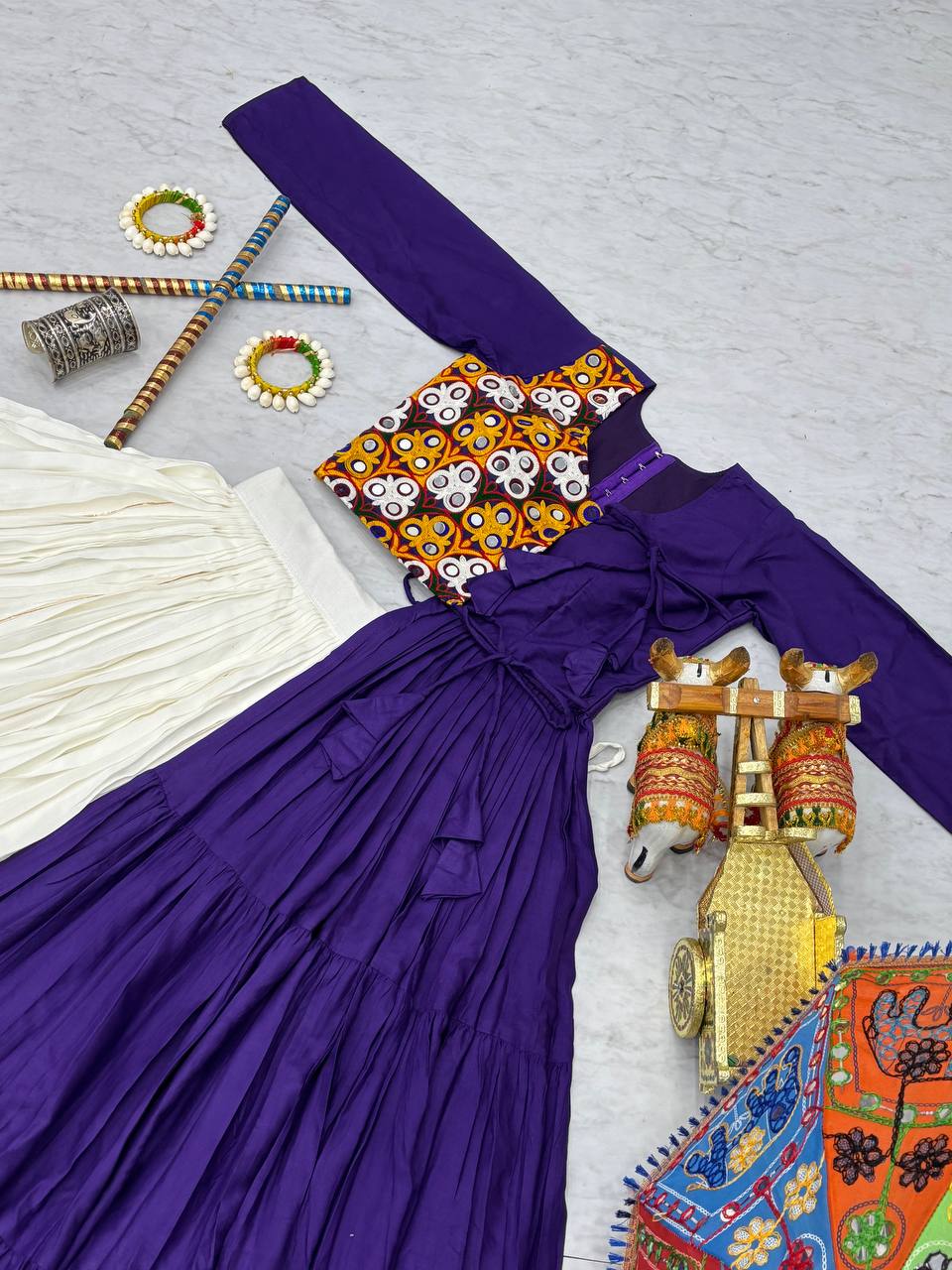 Dandiya Special Ravishing Purple Cotton Gamthi Work Lehenga Choli