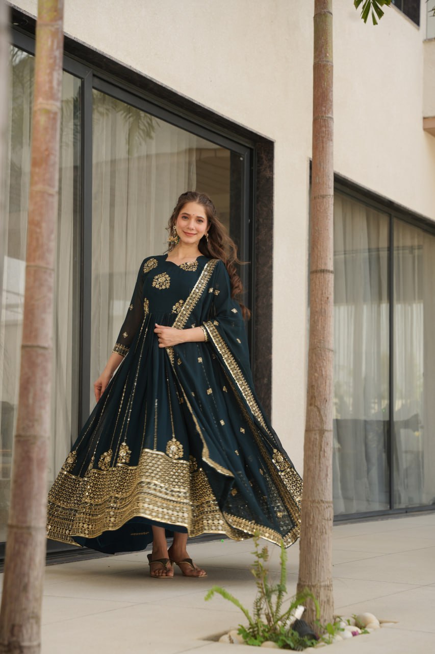Trendy Purple Blooming Zari Work Gown