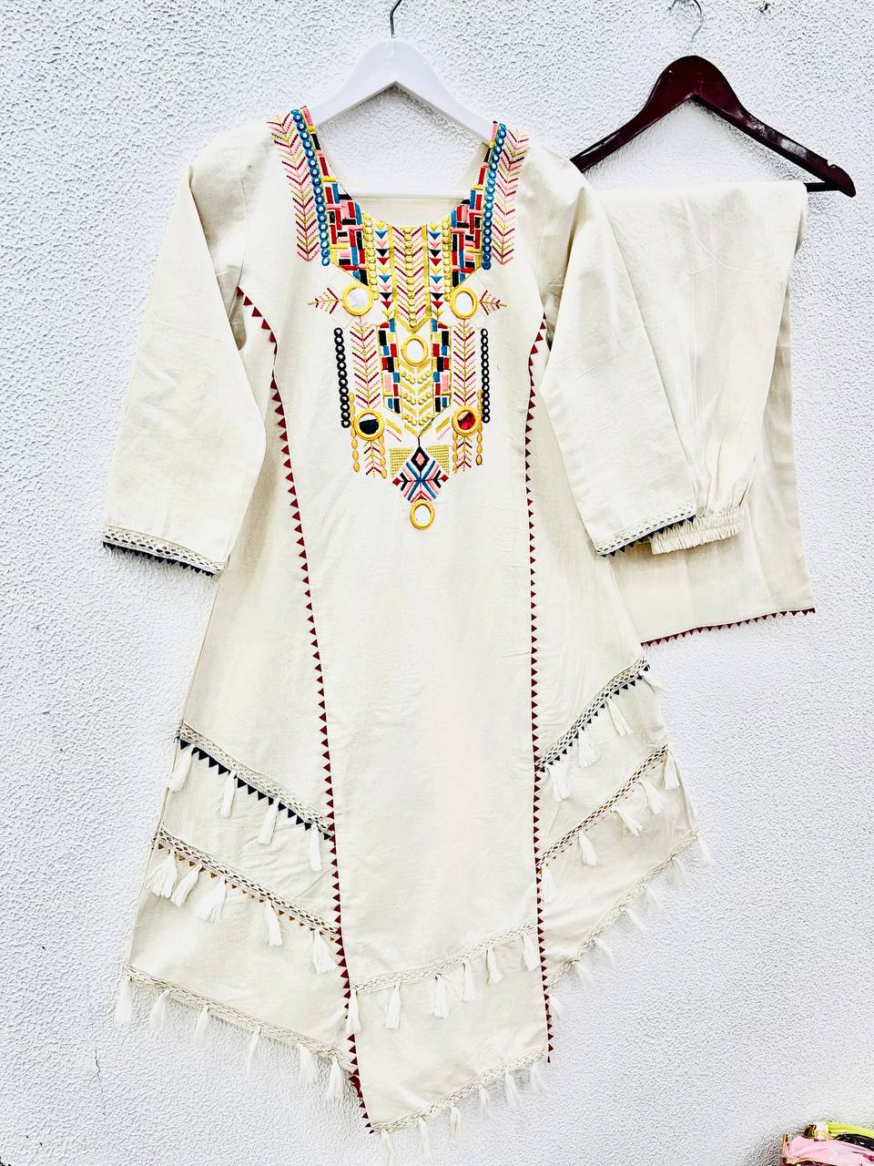 Ravishing White Khadi Cotton Embroidery Work Co-ord Set