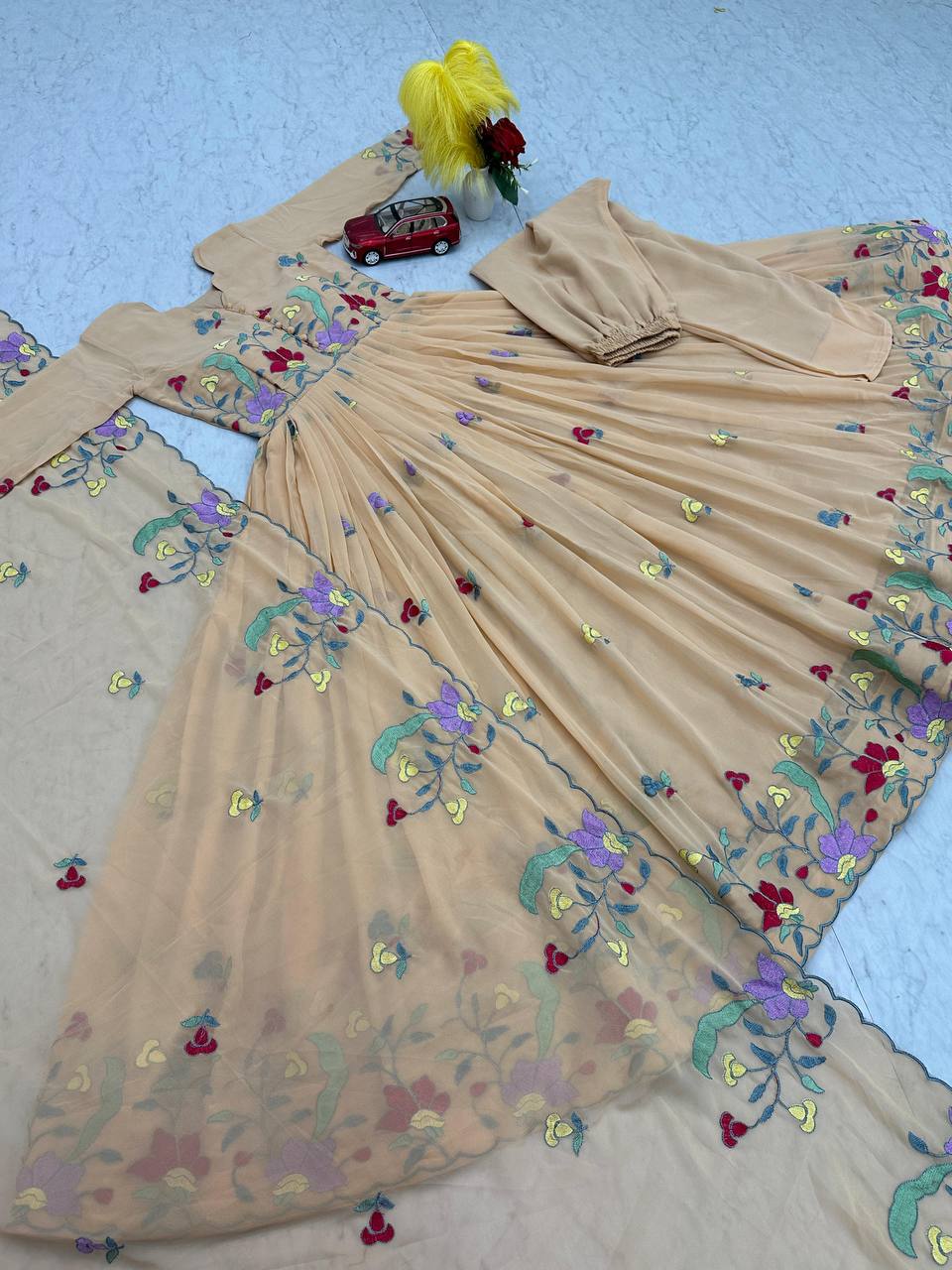 Lovely Lavender Georgette Thread Work Gown