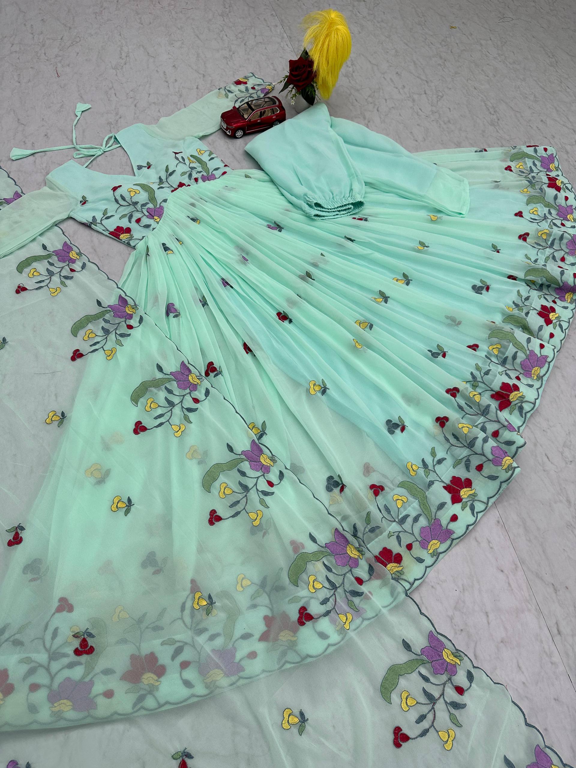 Lovely Lavender Georgette Thread Work Gown