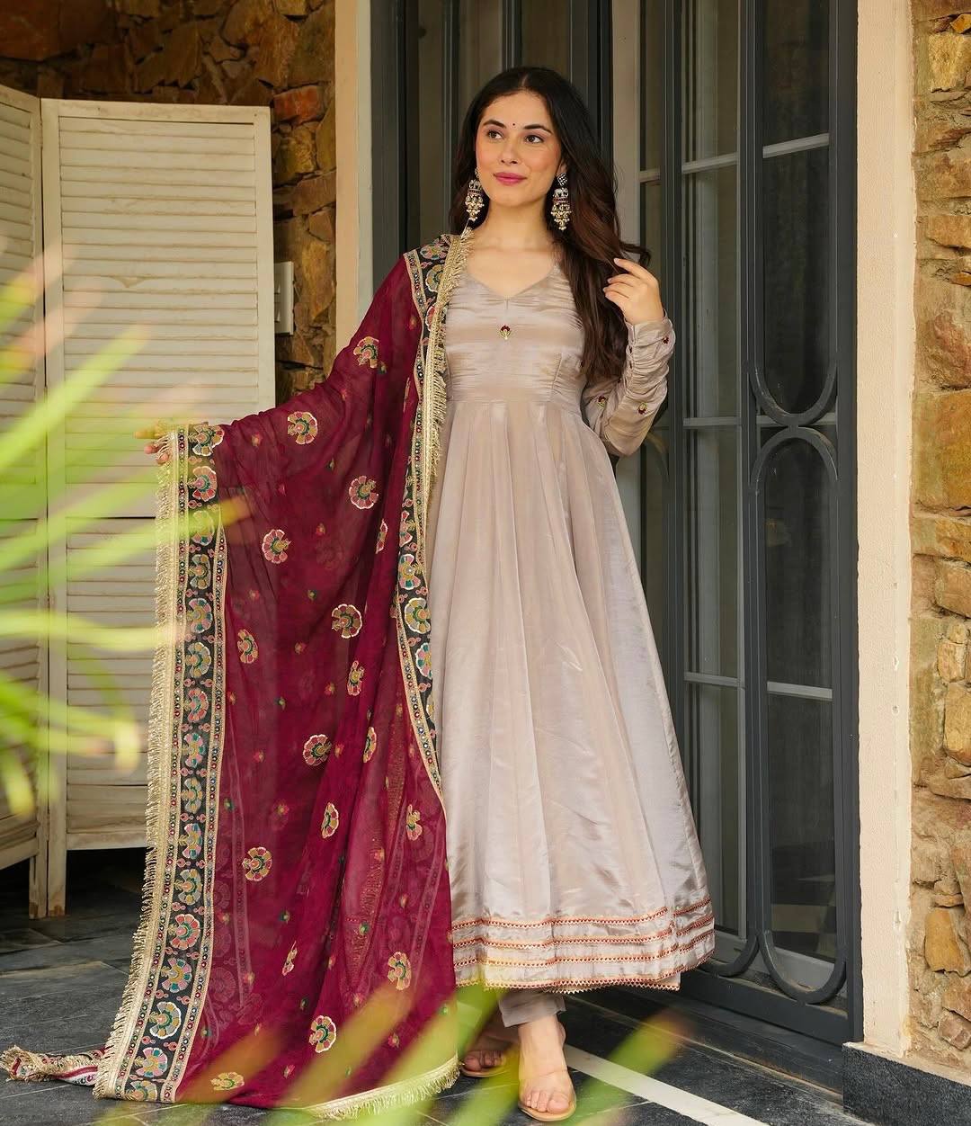 Classy Gray Crepe Sequence Work Gown