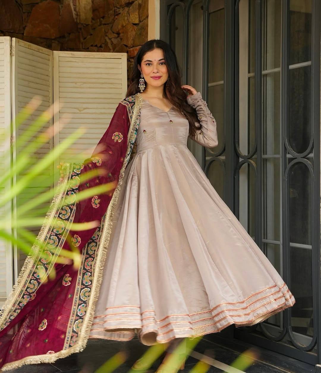 Classy Gray Crepe Sequence Work Gown