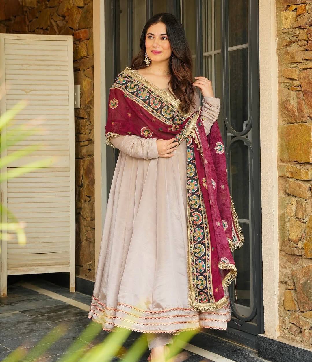 Classy Gray Crepe Sequence Work Gown