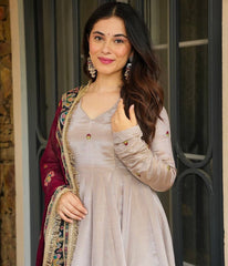 Classy Gray Crepe Sequence Work Gown