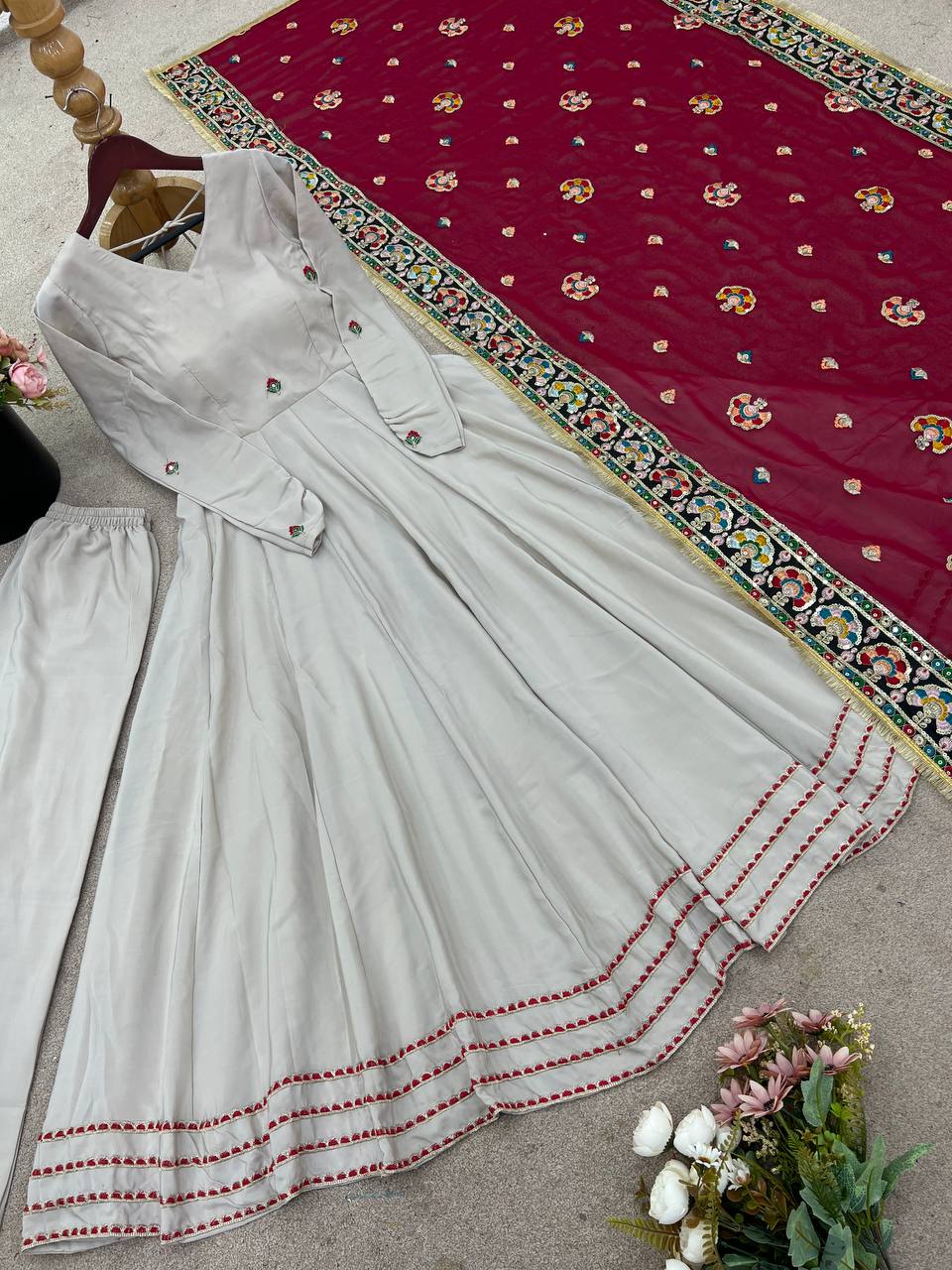 Classy Gray Crepe Sequence Work Gown