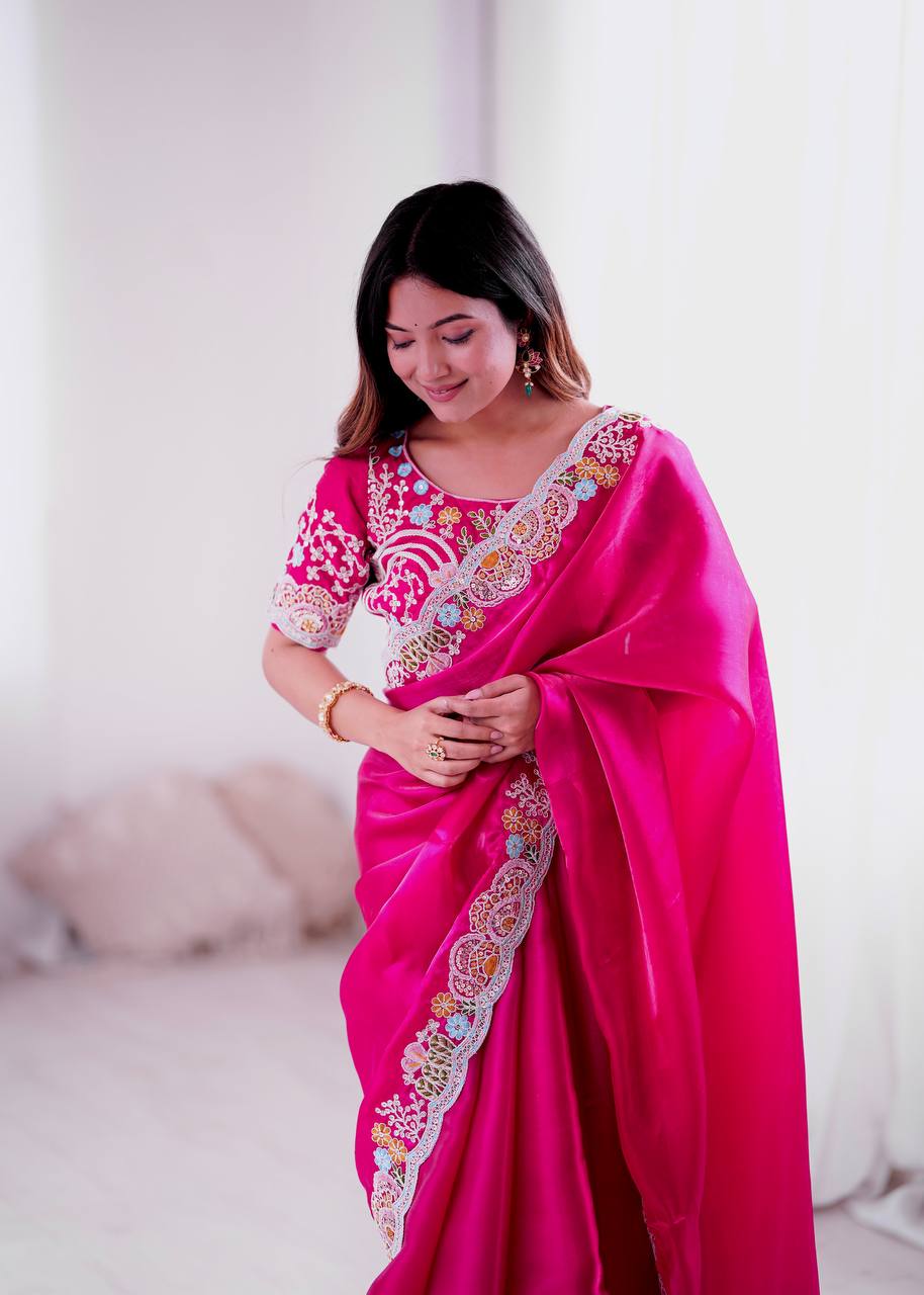 Awesome Pink Jimmy Choo Embroidery Saree
